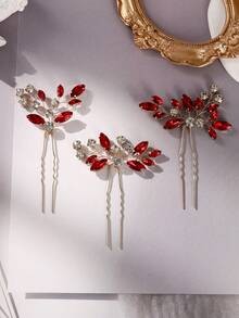 3pcs Vintage Luxury Crystal Red Diamond Leaf Gold Hair Clip Set, Romantic Wedding Party Hair Accessory - Red - View 13