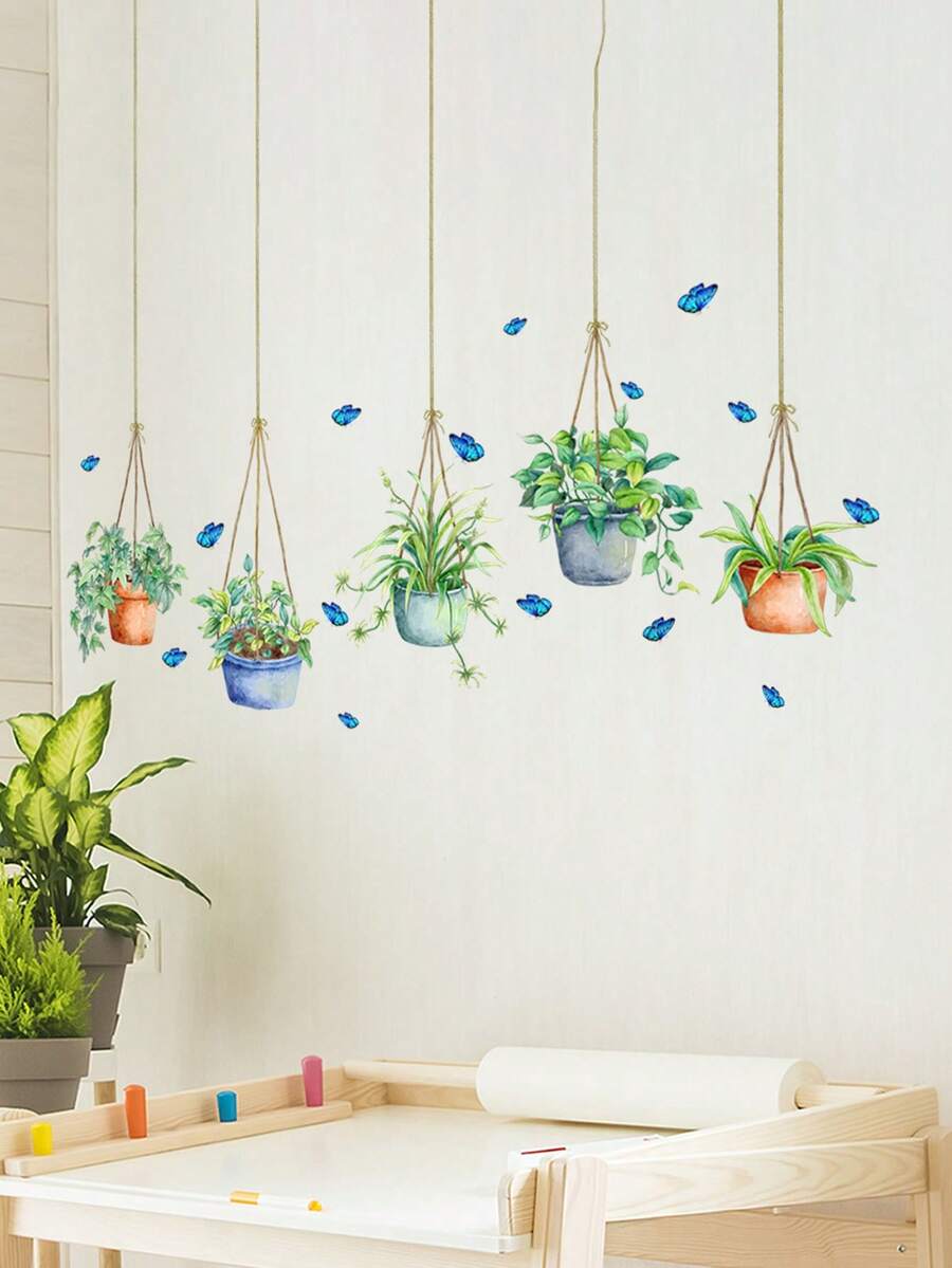 Spring Self-Adhesive Hanging Plants Window Stickers | Green Plant Hanging Window Stickers For Living Room, Bedroom, Bathroom, Kitchen, Window Decor - Multicolor - View 1