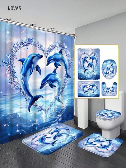 1/3/4件套心形海豚和波光粼粼海洋印花浴帘套装，梦幻浪漫的海洋主题，可水洗涤纶面料，防水耐磨，浴室装饰配件，含12个挂钩 - 包括马桶盖套、浴垫和地毯，非常适合家居/卧室/客厅/家用物品/夏季