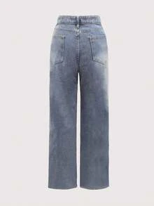 Jeans de pierna ancha para mujer con bolsillos, jeans de mujer modernos y versátiles, elegantes y modernos, adecuados para el uso diario, jeans sueltos y drapeados sin estirar, - Azul - Ver 4