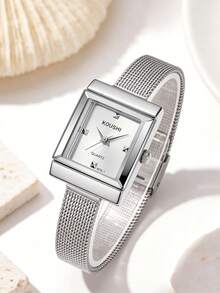 1 chiếc đồng hồ nữ thanh lịch kiểu retro, mặt vuông, vỏ bạc đánh bóng, chất liệu hợp kim cao cấp, dây đeo kim loại thời trang, phong cách tối giản duyên dáng, hoàn hảo cho trang phục thường ngày hiện đại. - Bạc - Xem 1