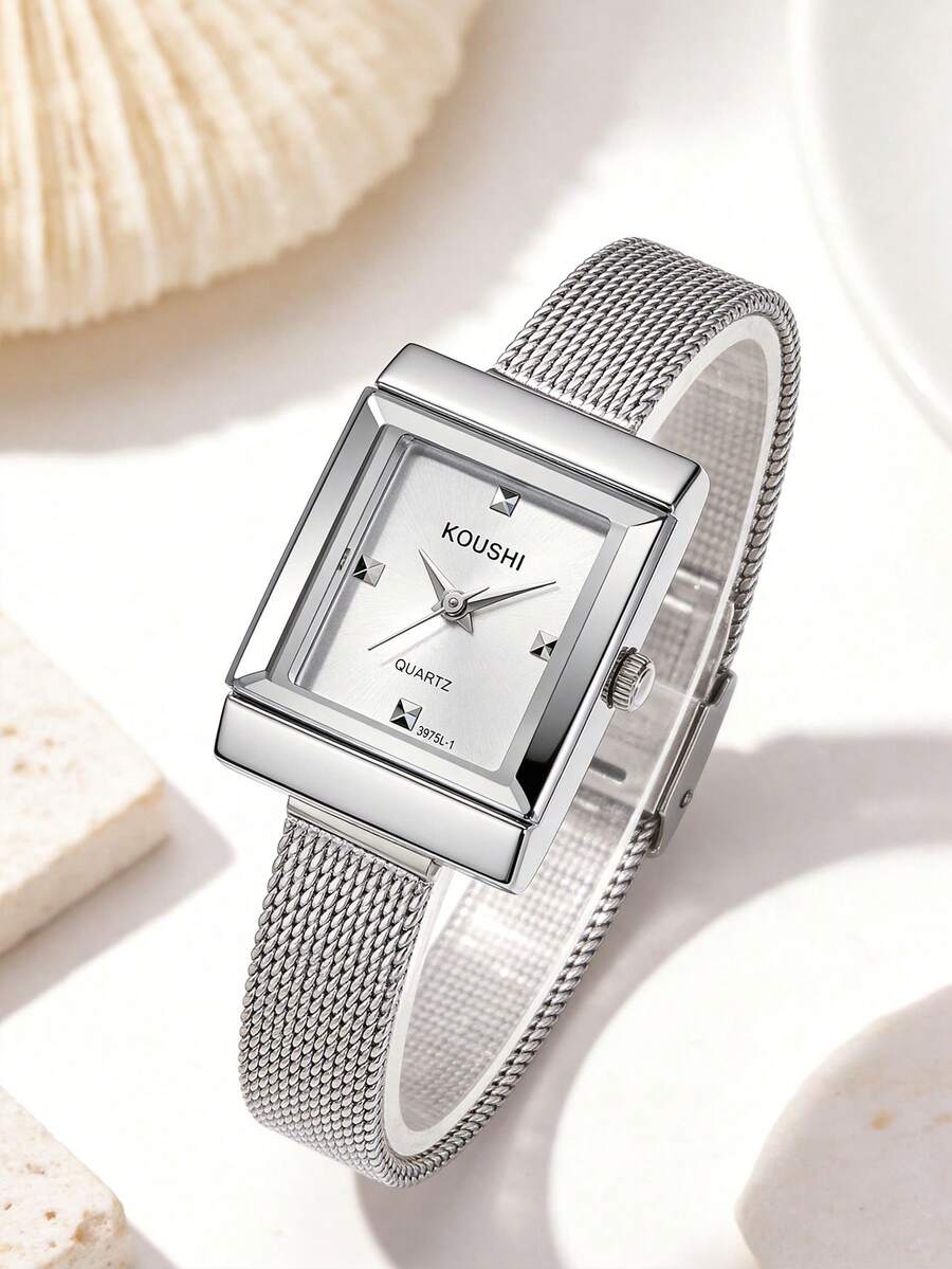 1 chiếc đồng hồ nữ thanh lịch kiểu retro, mặt vuông, vỏ bạc đánh bóng, chất liệu hợp kim cao cấp, dây đeo kim loại thời trang, phong cách tối giản duyên dáng, hoàn hảo cho trang phục thường ngày hiện đại. - Bạc - Xem 1
