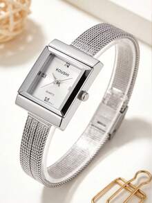 1 chiếc đồng hồ nữ thanh lịch kiểu retro, mặt vuông, vỏ bạc đánh bóng, chất liệu hợp kim cao cấp, dây đeo kim loại thời trang, phong cách tối giản duyên dáng, hoàn hảo cho trang phục thường ngày hiện đại. - Bạc - Xem 3