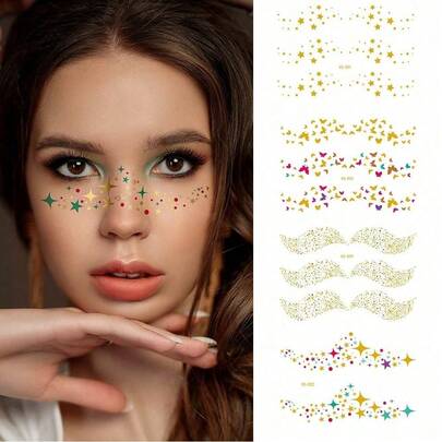 4 ورقات وشم مؤقت لجسم المرأة بطراز حلمي رومانسي مزخرف بالذهب، يحتوي على نجوم وفراشات وأنماط لامعة، مقاوم للماء لمدة 2-5 أيام، يمكن استخدامه على الوجه والأيدي والذراعين والرقبة والكتفين والصدر والخصر والساقين، مثالي للمهرجانات والحفلات وحفلات الموسيقى، هدية للأقارب والأصدقاء، يمكن إثراء مكياج الوجه