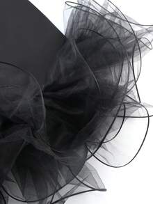 Elegant Women's Black Ruffle Mesh Midi Dress, V-Neck Bow Sleeveless Cocktail Party Evening Gown - Black - View 7