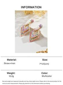 1 Pair Versatile Boho Style Handmade Woven Raffia Double-Layer Geometric Rhombus Earrings, Creative Exaggerated Colorful Raffia Geometric Earrings Suitable For Women's Daily, Vacation, Party Wear (Handwoven Technique Random, Handmade May Have Slight Glue Residue) - Color - View 5