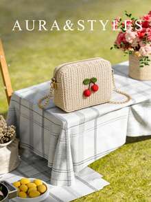 Bolso mini de lápiz labial, nueva moda de verano con cadena de paja, bolso cruzado cuadrado para el hombro para mujeres - Beis - Ver 1