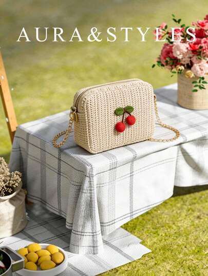 Mini Lipstick Bag, Summer New Fashion Straw Chain Shoulder Crossbody Square Bag For Women