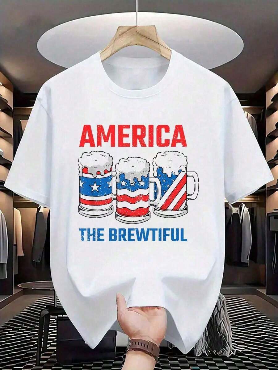 America The Brewtiful Funny July 4th American Flag Patriotic T-Shirt - 100% Cotton Graphic Tees Men, Summer Casual Short Sleeved Men's T-Shirt, Printed Graphic Tee For Sport Lovers - 彩色 - 查看 1