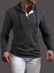 Men's Textured Dual-Tone Ribbed Splice Contrast Color Outdoor Sports Casual Hoodie, For Fall, Long Sleeve Top - Grey - View 2