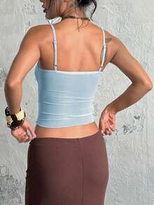 Einfarbiges Spaghettiträger-Rüschen-Spitzen-Camisole, sexy und modisch für Frauen im Sommer - Blau - Übersicht 2