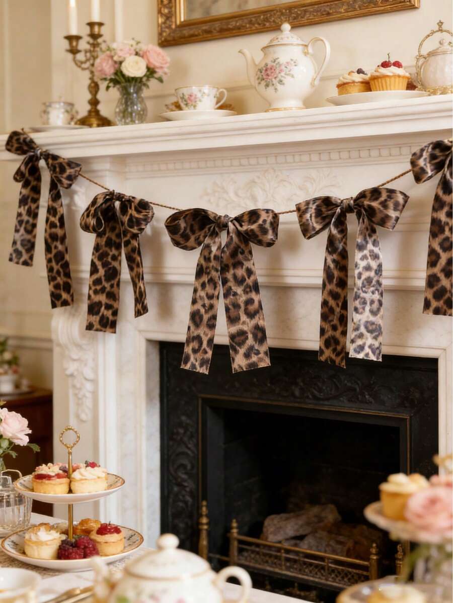 1件豹纹丝带蝴蝶结花环，动物纹三角旗串旗，生日派对装饰，丛林主题活动，家居墙面装饰，卧室客厅节日装饰，DIY手工材料