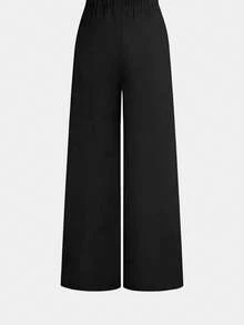 Women's Solid Color Minimalist Daily Wear High Waist Wide Leg Pants, Black Straight Leg Polyester Fabric, Slightly Elastic, Suitable For Autumn/Winter Formal Occasions - Black - View 11