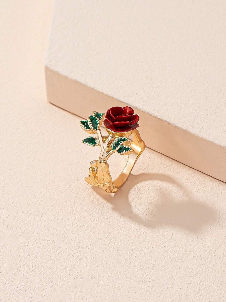 1pc Women's Alloy Small Flower Textured Rose Gold Plated Ring - Multicolor - View 1