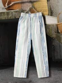 Women's Polyester Drawstring Cropped Pants, Wide Straight Leg, Abstract Striped Pattern - Multicolor - View 4
