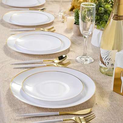 Platos con borde blanco de 10.25 pulgadas y 7.5 pulgadas, platos para ensalada con borde dorado premium, platos para pasteles, adecuados para Halloween, regalos de Navidad, reuniones familiares, fiestas, al aire libre, bodas, restaurantes, cocinas