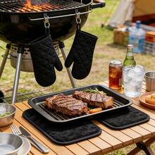 Bộ 4 găng tay và miếng lót nồi chịu nhiệt dùng trong nhà bếp, thiết kế chần bông hai mặt, thích hợp cho việc nướng bánh, nấu nướng, nướng thịt, bộ dụng cụ làm bánh nhà bếp màu đen - Xem 4