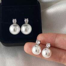 高品质手工耳环，纽扣珍珠耳环，925纯银镀层耳环，立方氧化锆，低过敏性珍珠耳环，新娘婚礼耳环，女士生日礼物 - 銀色 - 查看 4