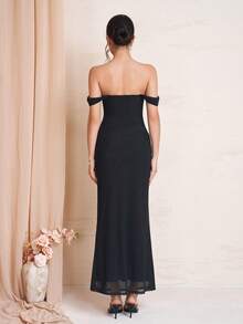 PARTHEA Elegant Black Off‑Shoulder Mermaid Maxi Dress, Draped Neck Mesh Bodycon Formal Party Long Dress - Black - View 2