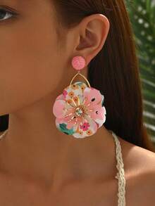 1 Pair Elegant Floral Double-Layer Earrings For Women, Lightweight Luxury Daisy Flower Earrings, Vintage Dopamine Floral Dangle Earrings, Perfect For Beach Holidays, Vacations, Daily Wear, Parties & All Casual Occasions - Hồng - Xem 4