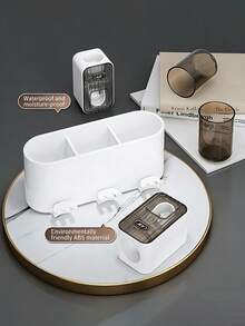 1 pieza Dispensador automático de pasta de dientes con soporte para cepillo de dientes, estante de almacenamiento de cepillo de dientes montado en la pared con vaso enjuagador, organizador de baño ahorra espacio para cepillo de dientes y vaso, decoración de baño para el hogar - Blanco - Ver 6