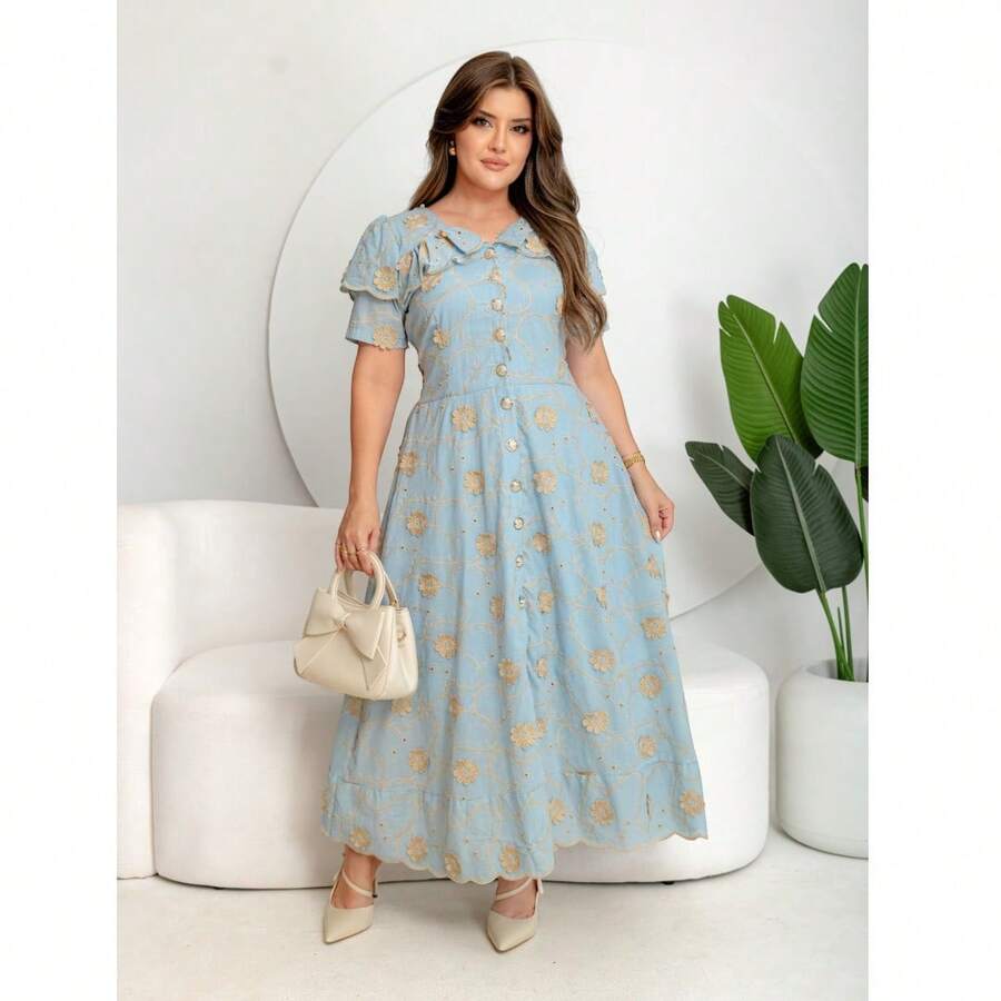 Evangelical Fashion Dress, Midi Skirt, Buttons, Embroidered Detail, Ruffle. - Blue - View 1