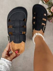 女士休闲纯色套脚穆勒拖鞋,平底时尚凉拖 - 黑色 - 查看 3