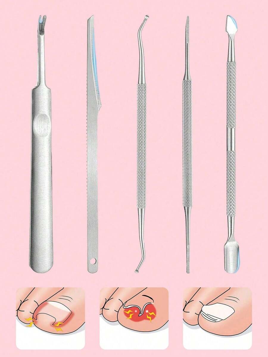 5件套不锈钢修甲修脚工具套装 - 双头角质推、足锉、双头指甲锉、指甲清洁器、双头指甲钳，用于清洁和去除老茧、嵌甲和角质层 - 銀色 - 查看 1