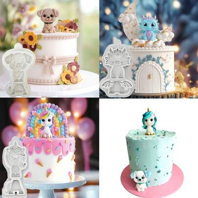 1个简易站立动物硅胶模具 - 小狗、龙、独角兽，翻糖蛋糕装饰工具，硅胶模具，糖果模具，纸杯蛋糕模具，巧克力模具，厨房配件，烘焙工具