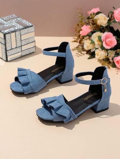 1 Pair Blue Suede Leather Soft Comfortable High Heel Sandals , Peep Toe Bohemian Floral Decor 2.5cm Block Heel Non-Slip Sole, Fashionable Cute Princess Style Suitable For Daily Wear, Party, Festival, Spring/Summer 2026