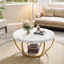 32" Round 2-Tier Coffee Table With Open Storage, Industrial Circle Accent Center Table For Living Room, Tea Table White & Gold With Metal Legs, Wood Top– Easy Assembly - Trắng và Vàng - Xem 5