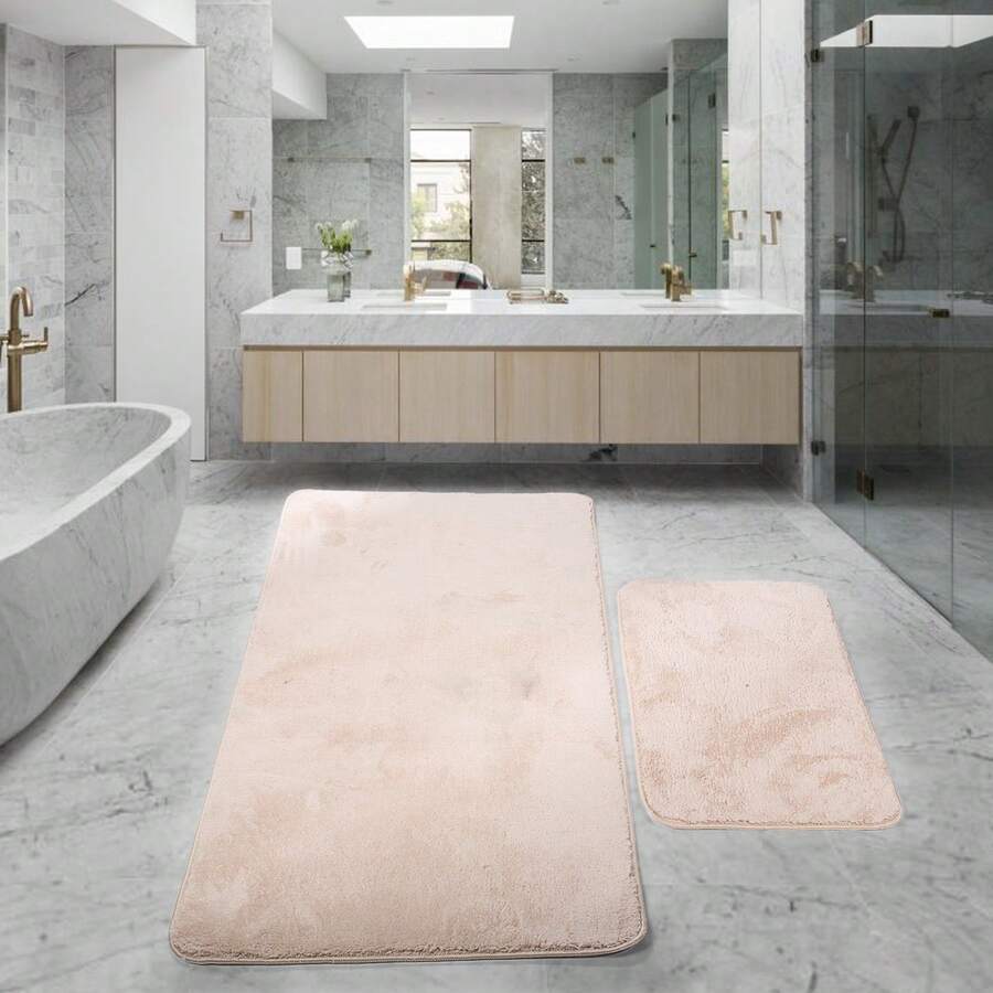 BONNY HOME Relax 2-Piece Plush Bathroom Rug Set, Non-Slip Quick-Dry Bath Mats For Shower & Toilet Area - Beige - Màu be - Xem 1