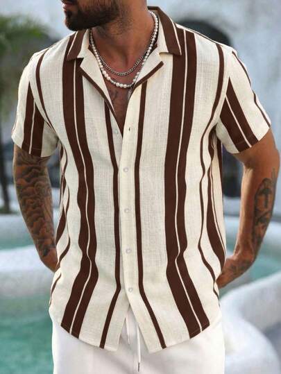 Men's Retro Striped Linen-Feel Shirt, Vintage Cuban Collar Contrast Color Top, Stylish Retro Breathable Short Sleeve, Modern Casual Summer Beach Holiday Soft Fabric Button-Down Shirt
