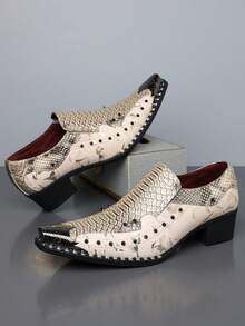 QRLQRL 1 Pair Men's Snake Skin Pattern Rivet Decor Pointed Toe Low-Top Casual Shoes, PU Upper And Rubber Sole, Suitable For Daily Leisure Wear - Gold - View 2
