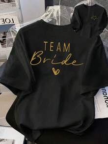 女士日常婚礼主题装饰图案，以及草书“”标语，圆领短袖休闲T恤，适合春/秋/夏季穿着，可作为返校季女装、夏季上衣、度假装、春装、夜店装等。黑色 - 黑色 - 查看 9