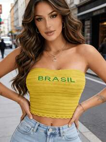 Cropped Top Blouse Brazil Knit World Cup Women's Clothing - Vàng - Xem 1