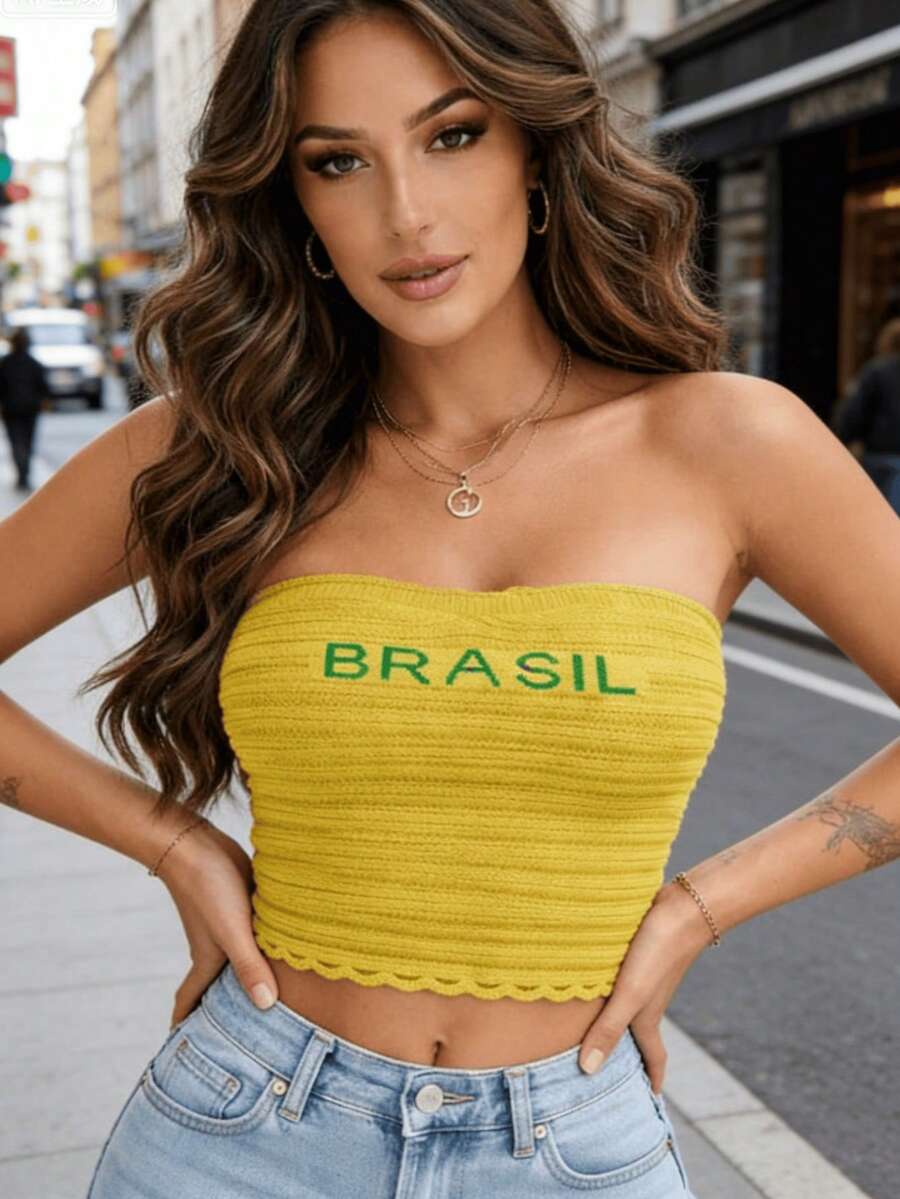 Cropped Top Blouse Brazil Knit World Cup Women's Clothing - Vàng - Xem 1