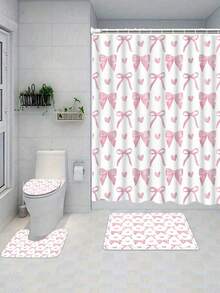 Bộ 1/4 rèm tắm hình nơ hồng dễ thương, bộ rèm phòng tắm hiện đại, phong cách, bao gồm rèm tắm chống thấm nước, thảm chống trượt, bọc nắp bồn cầu, thảm lót sàn và 12 móc nhựa, có thể giặt máy, vải polyester dệt jacquard chống thấm nước. - A - Xem 8