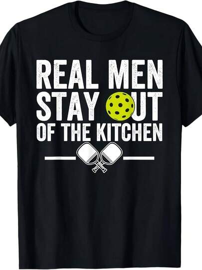 Funny Pickleball T-Shirt - "Real Stay Out Of The Kitchen" Vintage Graphic Tee With Pickleball Paddle & Net Design - Fit Casual Shirt For Pickleball Courts, Gifts For Dads & PlayersMen's All-Purpose Short Sleeve T-Shirt – Versatile For Work, Play, And Holiday Fun Like Father's Day, Labor Day, And Weekend Relaxation