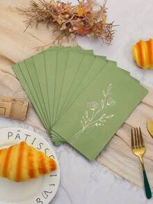 20 piezas Servilletas con hojas verdes y lámina de oro, adecuadas para bodas, cumpleaños, decoración de fiestas de jardín en restaurantes, cocinas, cafés - Pañuelos cuadrados estampados de estilo retro - Ver 3
