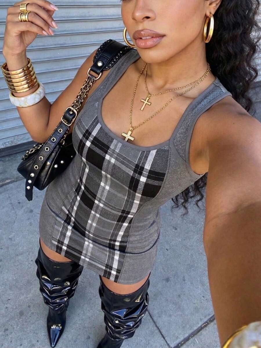 女士灰色格子无袖修身连衣裙，Y2K复古优雅休闲连衣裙，适合夏季外出、通勤、日常百搭穿着 - 彩色 - 查看 1