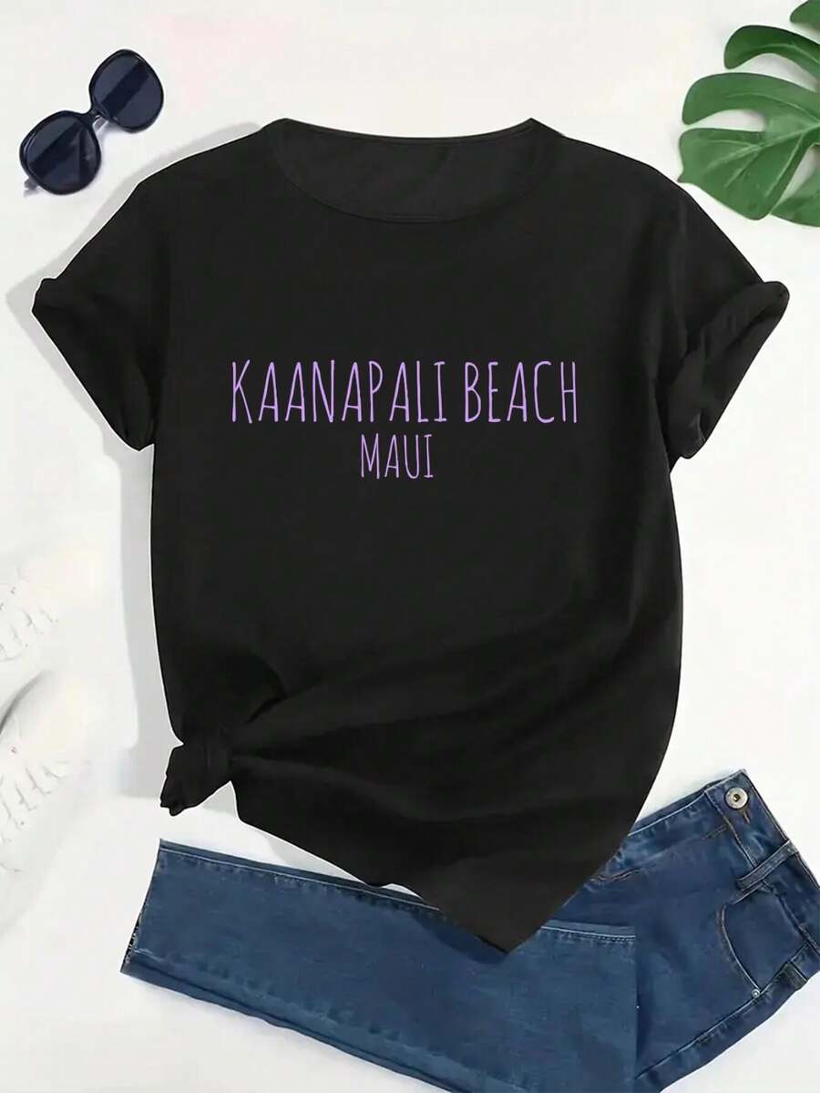 Women's Fashion Design T-Shirts Kaanapali Beach Maui Hawaii Vacation Destination Graphic Island Lifestyle Surfing Tee Summer Apparel Sunset Moana Style Women's Top For Travel Everyday Wear - 黑色 - 查看 1