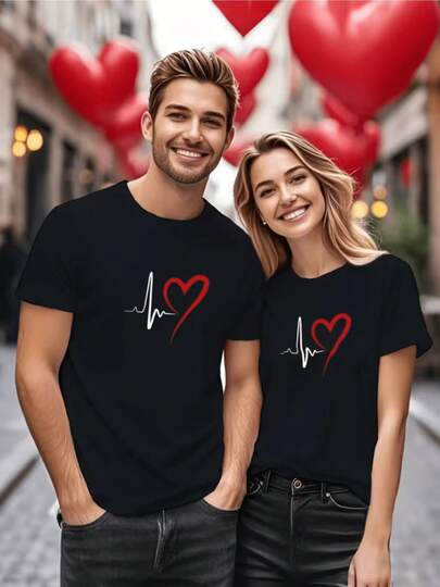 Camiseta de San Valentín para Parejas, 1 Pieza, con Diseño de Latidos y Corazón Simbolizando Conexión y Amor Eterno,% Algodón C6KK