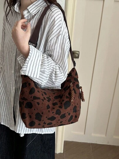 1pc Women's Solid Color Embroidered Full-Body Leopard Print Zipper Closure Shoulder Crossbody Bag, Essential For Shopping And Travel