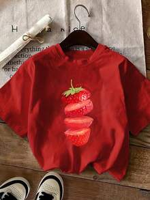 Strawberry Fruit Print Plus-Size Women's Fashion Round-Neck Short-Sleeve T-Shirt, Comfortable Cotton T-Shirt - 紅色 - 查看 6