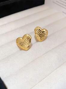 1 Pair Vintage Asymmetrical 304 Stainless Steel Heart Shaped Earrings, European And American Style For Party, Banquet, Travel, Wedding, Vacation, Daily Wear, Mother's Day Gift - Gold - View 2