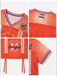 Women's Summer/Spring Casual Sheer Mesh V-Neck Lace Patchwork Drawstring Cropped T-Shirt, All-Over National Flag Print, Blokette Blokecore Style, Breathable & Cool, Summer/Spring Clothing, Summer/Spring Tops, Summer/Spring Apparel, Outdoor Wear, Sports Fashion, Match Day Essential, Football Game Attire, Women's Summer Tops - Orange - View 8