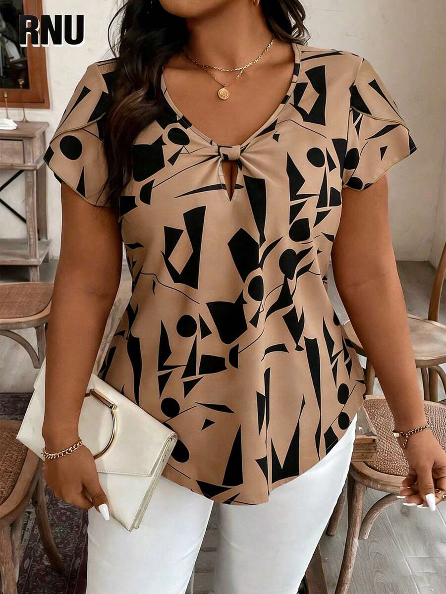 RNU Plus Size Women Geometric Pattern Front Tie Blouse, Suitable For Daily Wear, Evening Date, Holiday, Wedding, School, Vacation, Work, Home, Birthday Party, Dates - Camel - View 1