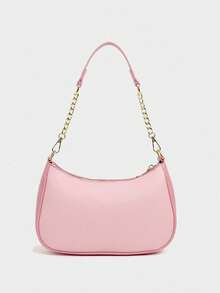 Crescent Underarm Shoulder Bag For Women PU Leather Letter Graphic Y2K Solid Color Pink Crossbody - 粉色 - 查看 3