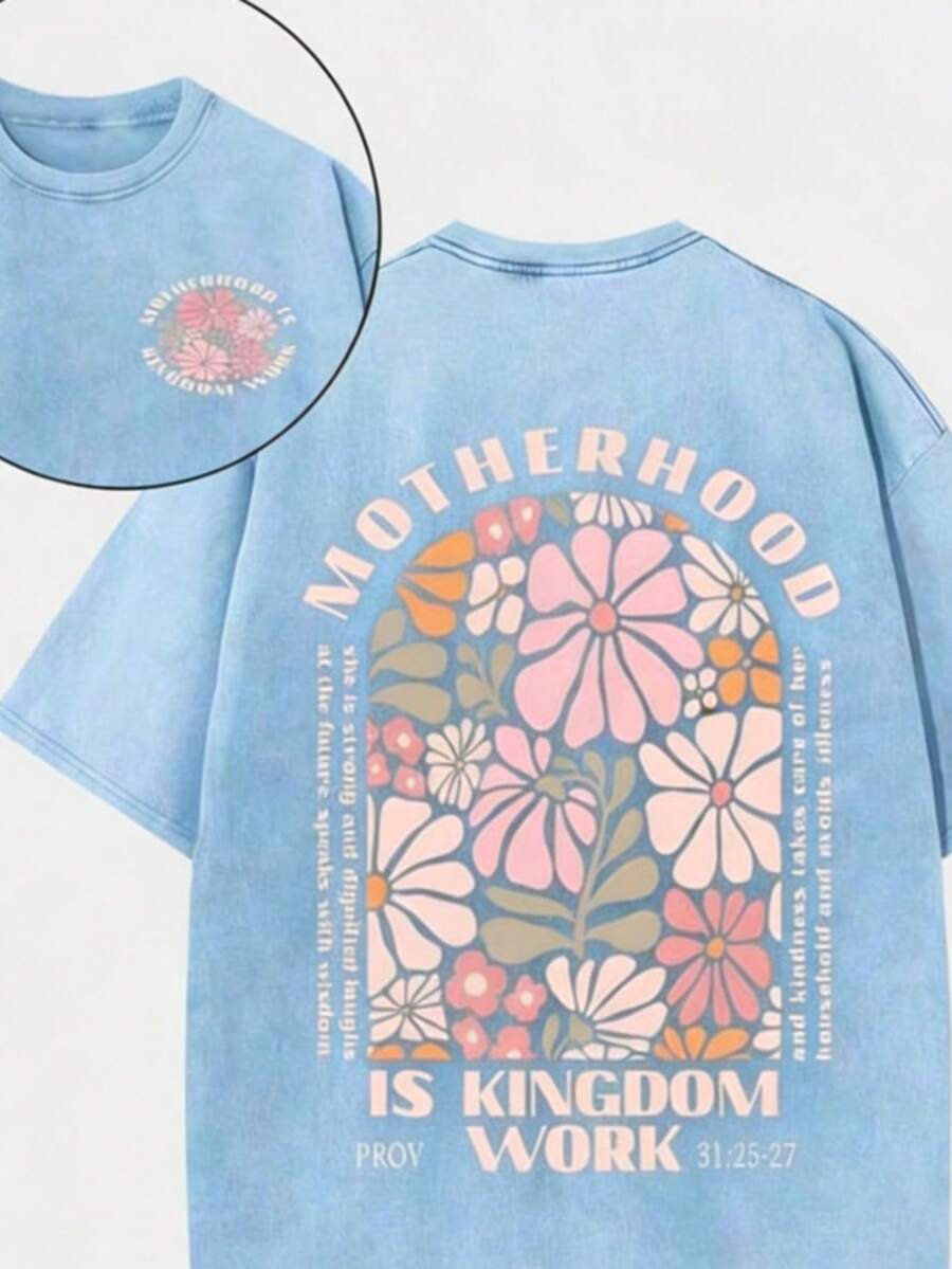 2026 Summer Clothes2026 Summer TopsRetro Washed Double Sided Printed Gray T-Shirt (230g Pure Cotton T-Shirt) Motherhood Is Kingdom Work Christian Grap - Light Blue - 查看 1